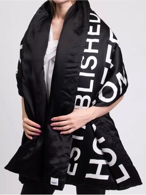 Burberry Black Satin Logo-Print Scarf with White Lettering